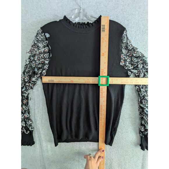 Sioni Milano Sweater Women L Leopard Ruffle Mock Lace Long Sleeve Pullover Black - Picture 3 of 9